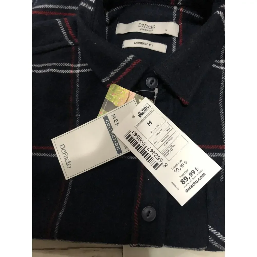 De Facto Shirt Mens Medium Button Up Flannel Pocket Winter Plaid Navy Blue N114